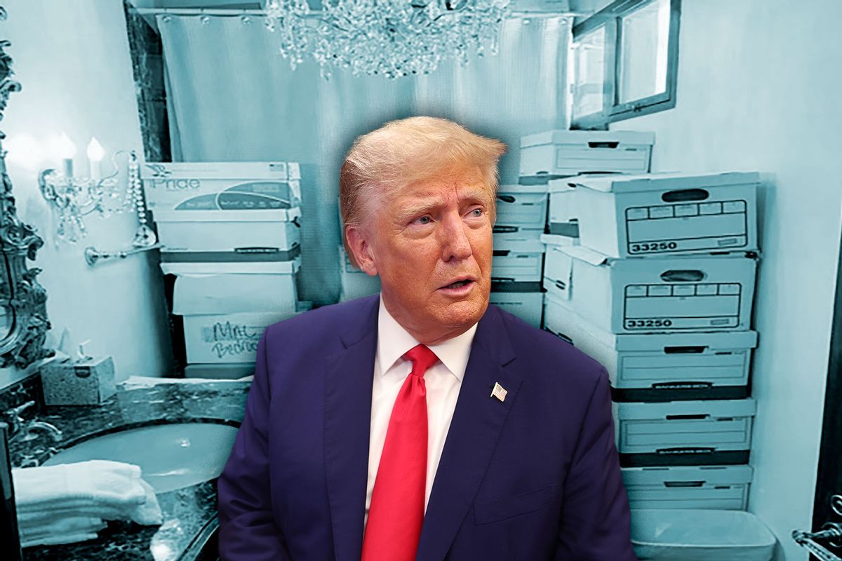 Donald Trump | Stacks of boxes can be observed in a bathroom and shower in The Mar-a-Lago Club’s Lake Room at former U.S. President Donald Trump's Mar-a-Lago estate in Palm Beach, Florida. (Photo illustration by Salon/Getty Images)
