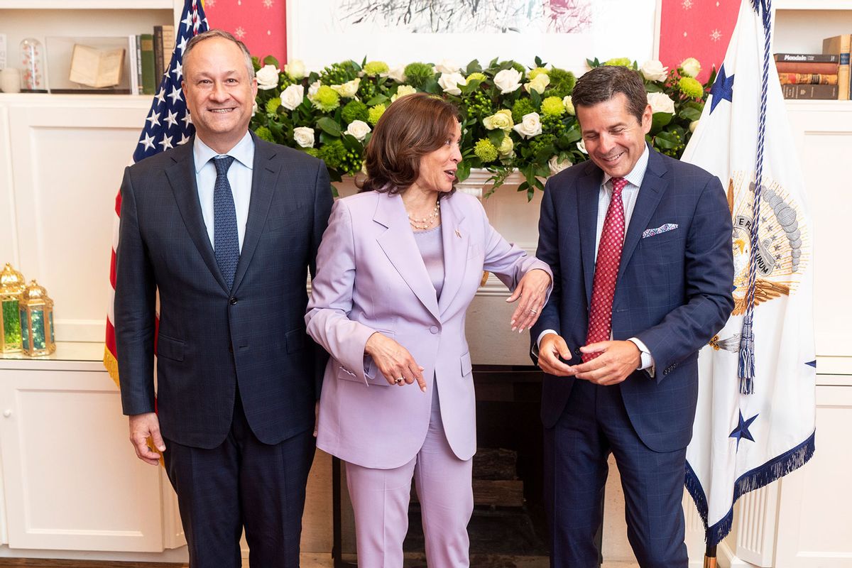 (Left to right) Doug Emhoff, Vice President Kamala Harris and Dean Obeidallah attend an Eid celebration at the Vice President’s Residence. (Photo courtesy of The White House)