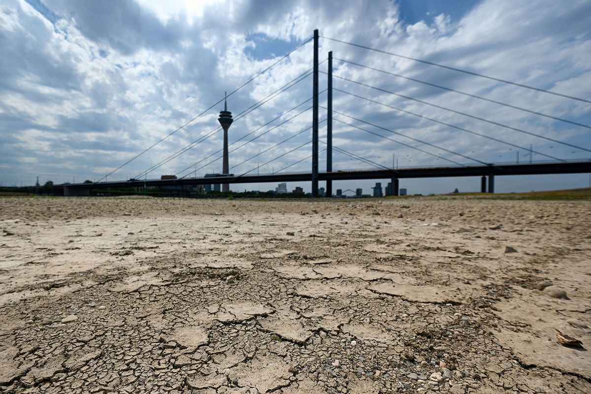 Dry soil of the partially dried-up river bed of the Rhine is pictured in Duesseldorf, western Germany, on July 25, 2022, as Europe experiences a heatwave. (INA FASSBENDER/AFP via Getty Images)