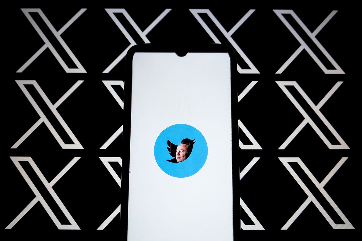 In this photo Illustration an effigy of Elon Musk is seen on a smartphone screen with the Twitter logo and X logos as background (Photo Illustration by Nikolas Kokovlis/NurPhoto via Getty Images)