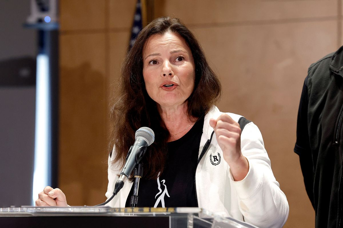 SAG President Fran Drescher speaks as SAG-AFTRA National Board holds a press conference for vote on recommendation to call a strike regarding the TV/Theatrical contract at SAG-AFTRA on July 13, 2023 in Los Angeles, California. (Frazer Harrison/Getty Images)