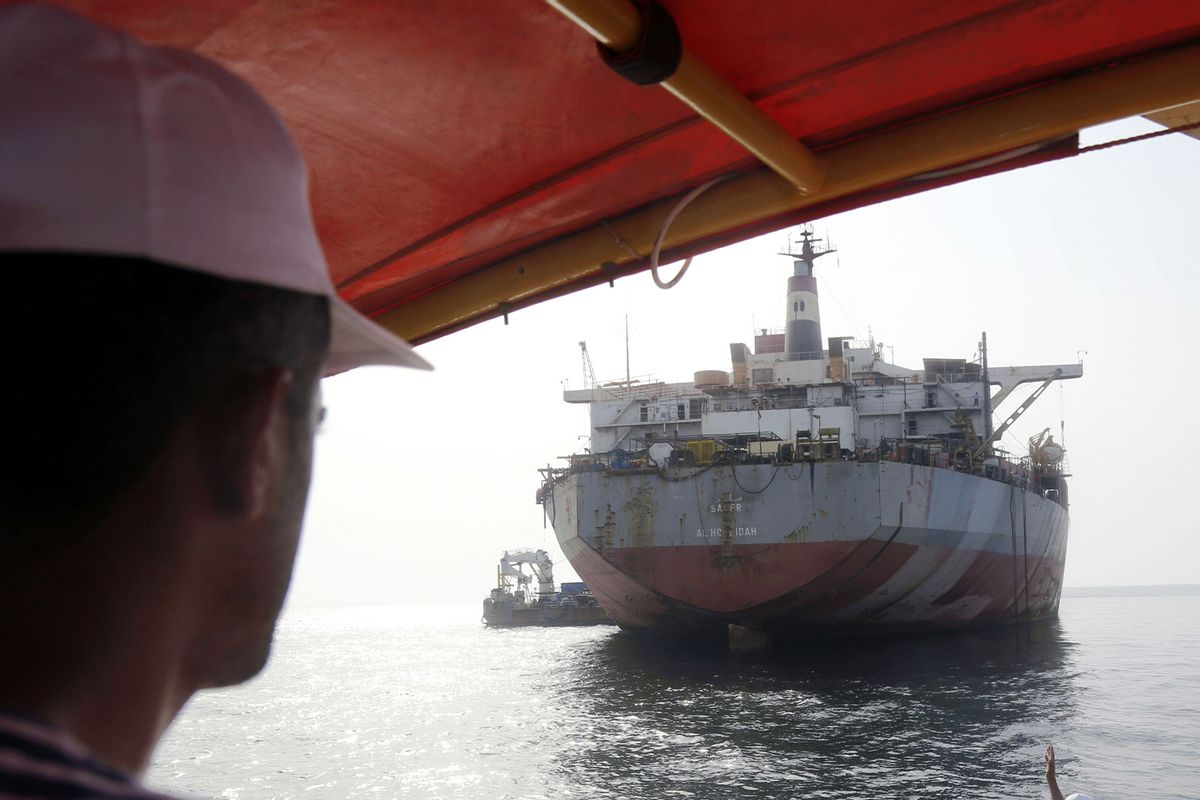 A view of decaying FSO Safer oil tanker anchored 60 kilometers (37 miles) north of the port of Hudaydah, Yemen on July 15, 2023. The tanker has not undergone maintenance since 2015 and more than 1 million barrels of crude oil have been sitting in the decaying vessel in the Red Sea. (Mohammed Hamoud/Anadolu Agency via Getty Images)