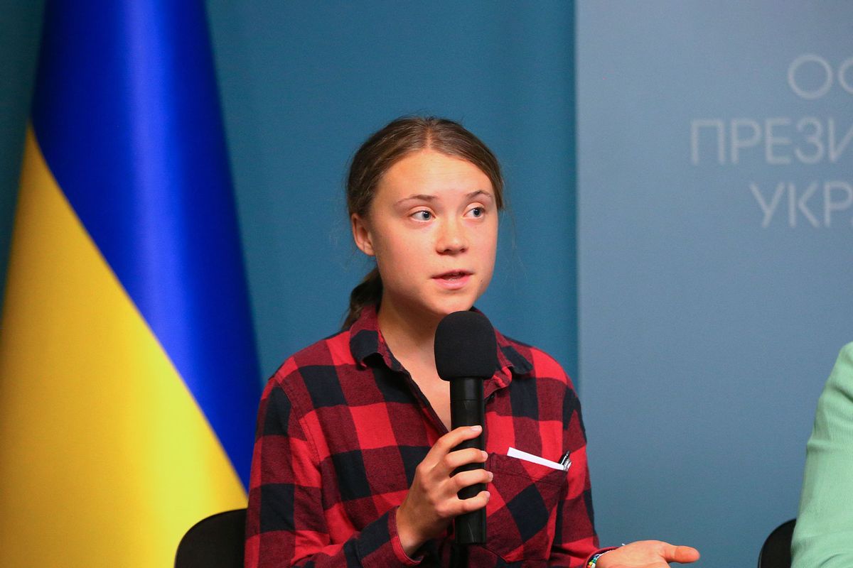 Swedish environmental activist Greta Thunberg attends a media conference following a results of a first meeting of the newly created international working group for environmental crimes of Russia in Ukraine, in Kyiv, Ukraine 29 June 2023, amid Russian invasion of Ukraine. (STR/NurPhoto via Getty Images)