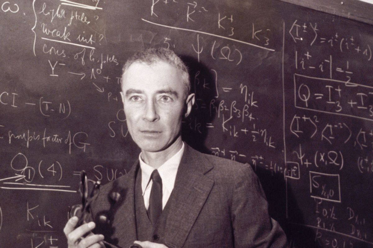 J Robert Oppenheimer Standing at Blackboard (Photo by Bettmann Archive/Getty Images)