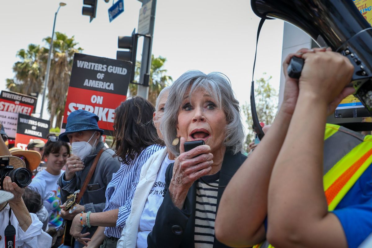 Actress and activist Jane Fonda speaks during a "Striking 9 to 5" picket line in front of Netflix headquarters, in Hollywood, CA, Thursday, June 29, 2023. (Jay L. Clendenin / Los Angeles Times via Getty Images)