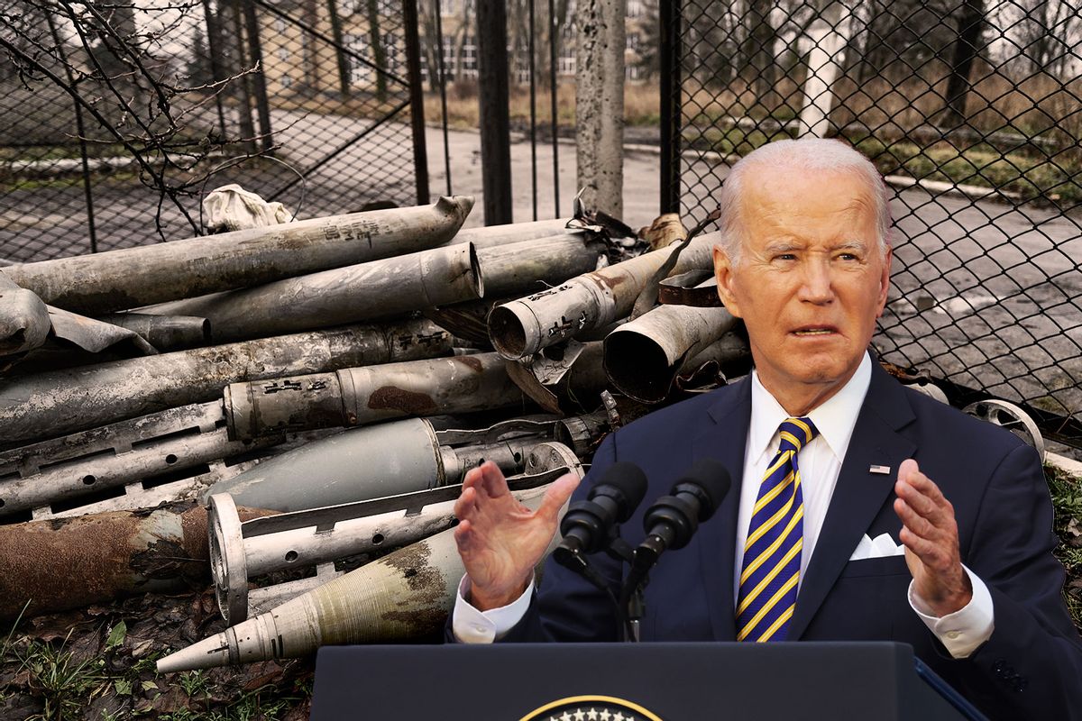 Joe Biden | The remains of artillery shells and missiles including cluster munitions are stored on December 18, 2022 in Toretsk, Ukraine. (Photo illustration by Salon/Getty Images)