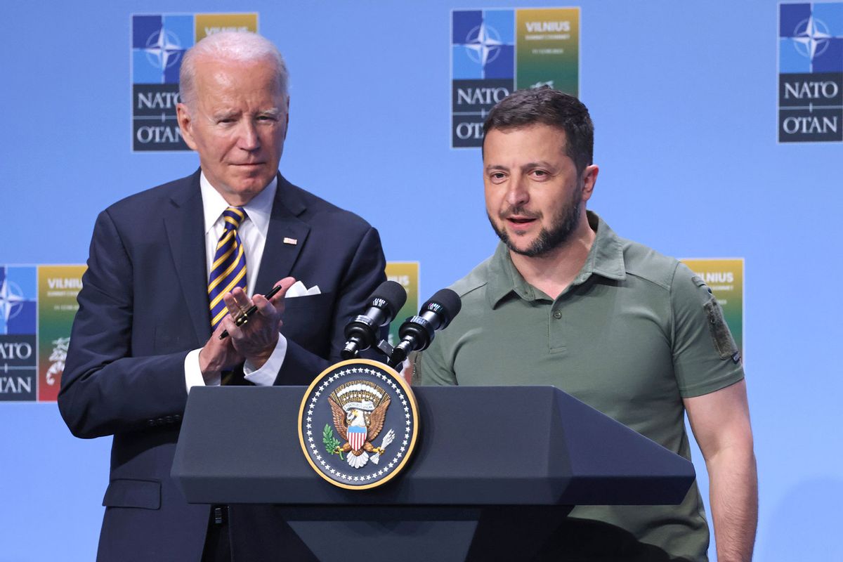 Ukrainian President Volodomyr Zelensky (R) speaks at the announcement of the G7 nations' joint declaration for the support of Ukraine as U.S. President Joe Biden looks on on July 12, 2023 in Vilnius, Lithuania. (Sean Gallup/Getty Images)