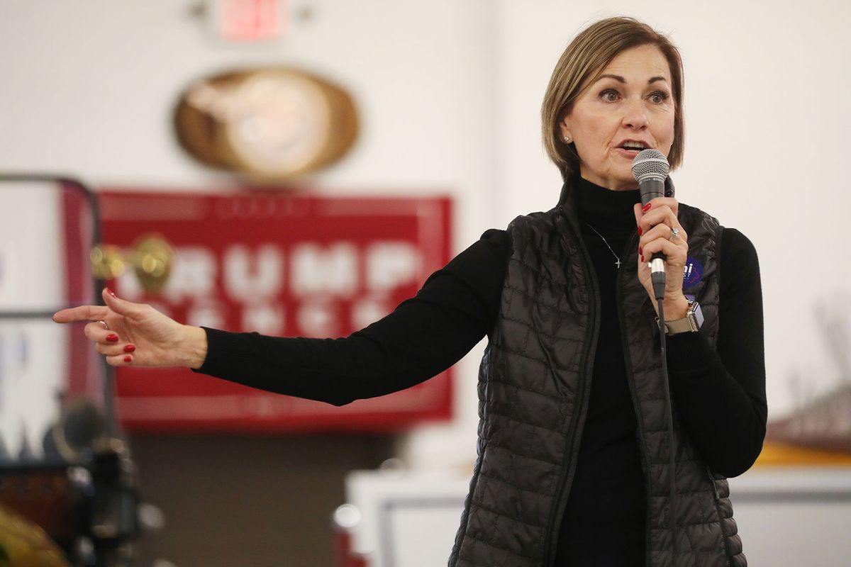 Iowa Gov. Kim Reynolds speaks at a campaign event for Senate candidate Sen. Joni Ernst (R-IA) at Dahl Auto Museum as part of Ernst's RV tour of Iowa on October 31, 2020 in Davenport, Iowa. (Mario Tama/Getty Images)
