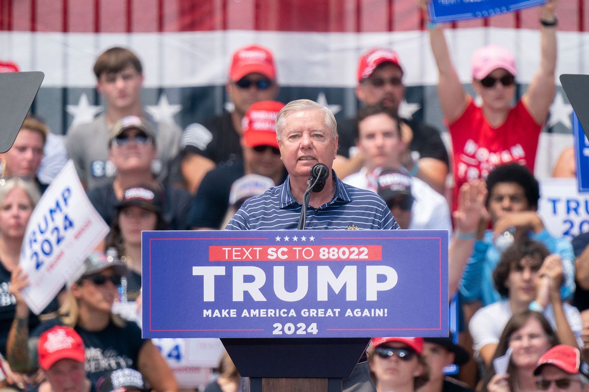 Sen. Lindsey Graham (R-SC) speaks to crowd during a campaign event for former president Donald Trump on July 1, 2023 in Pickens, South Carolina. Graham was repeatedly booed by the crowd of Trump supporters. (Sean Rayford/Getty Images)