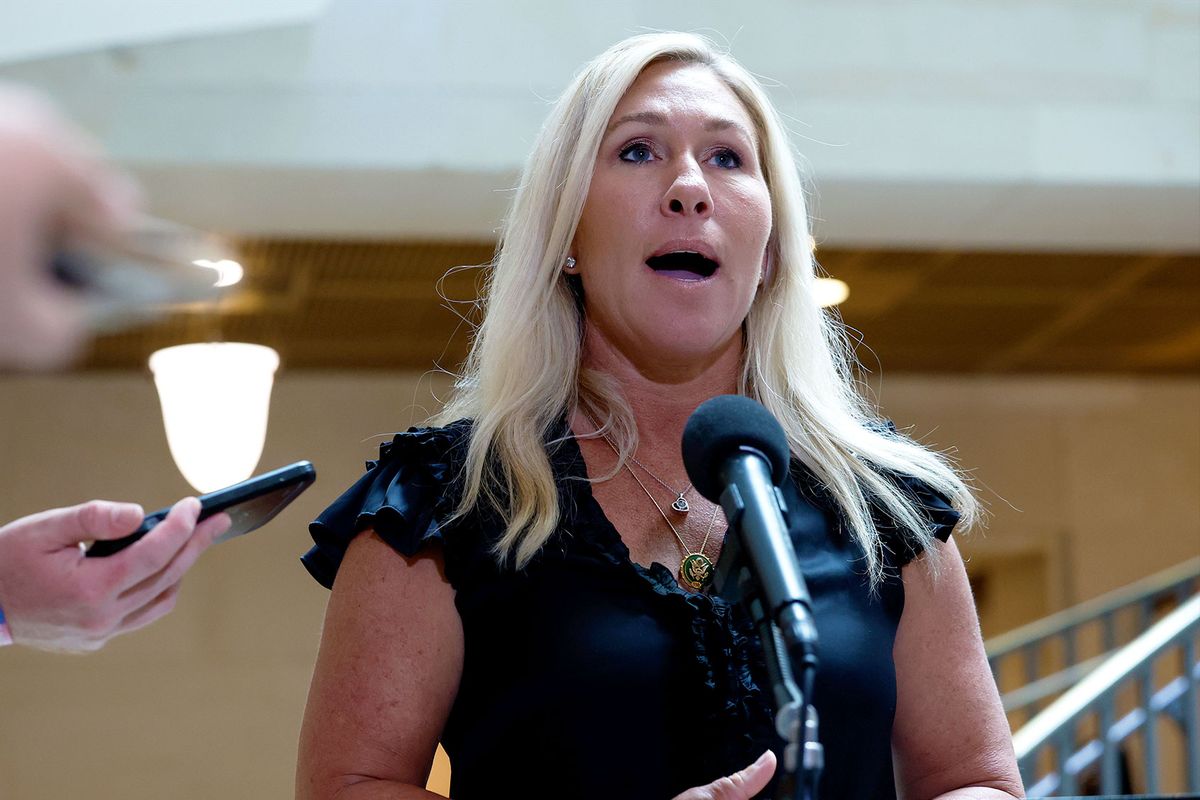 Rep. Marjorie Taylor Greene (R-GA) speaks to reporters after attending a briefing with U.S. Secret Service officials on the cocaine substance found at the White House on July 13, 2023 in Washington, DC. (Anna Moneymaker/Getty Images)