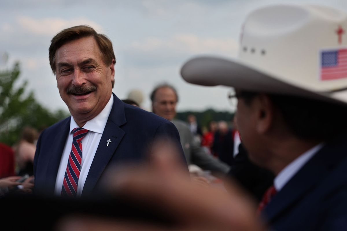 MyPillow CEO Mike Lindell greets guests before the start of a speech by former U.S. President Donald Trump at the Trump National Golf Club on June 13, 2023 in Bedminster, New Jersey. (Spencer Platt/Getty Images)