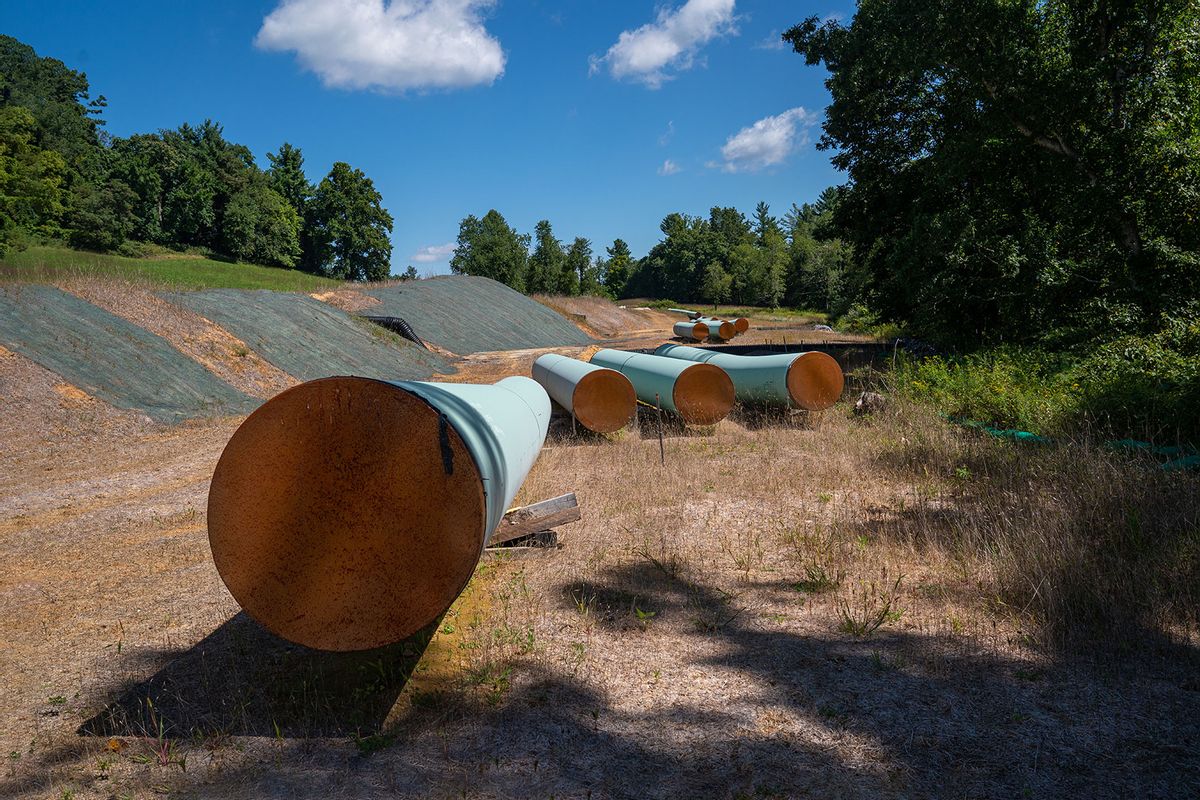 Sections of 42 diameter sections of steel pipe of the Mountain Valley Pipeline, MVP, lie on wooden blocks, August 31, 2022 in Bent Mountain, Virginia. (Robert Nickelsberg/Getty Images)