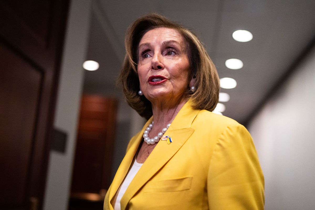 Rep. Nancy Pelosi, D-Calif., speaks with the media before a meeting of the House Democratic Caucus in the U.S. Capitol on Tuesday, July 18, 2023. (Tom Williams/CQ-Roll Call, Inc via Getty Images)