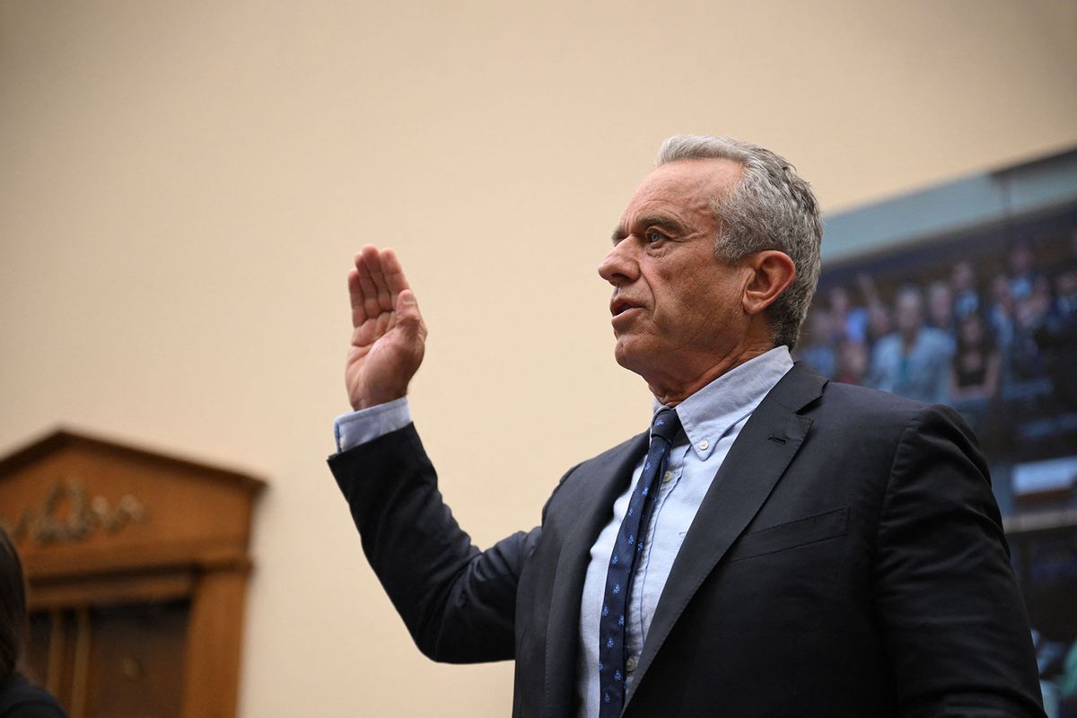 Robert Kennedy Jr., 2024 Presidential hopeful, is sworn in before testifying at the "Weaponization of the Federal Government" hearing on Capitol Hill in Washington, DC, on July 20, 2023. (JIM WATSON/AFP via Getty Images)