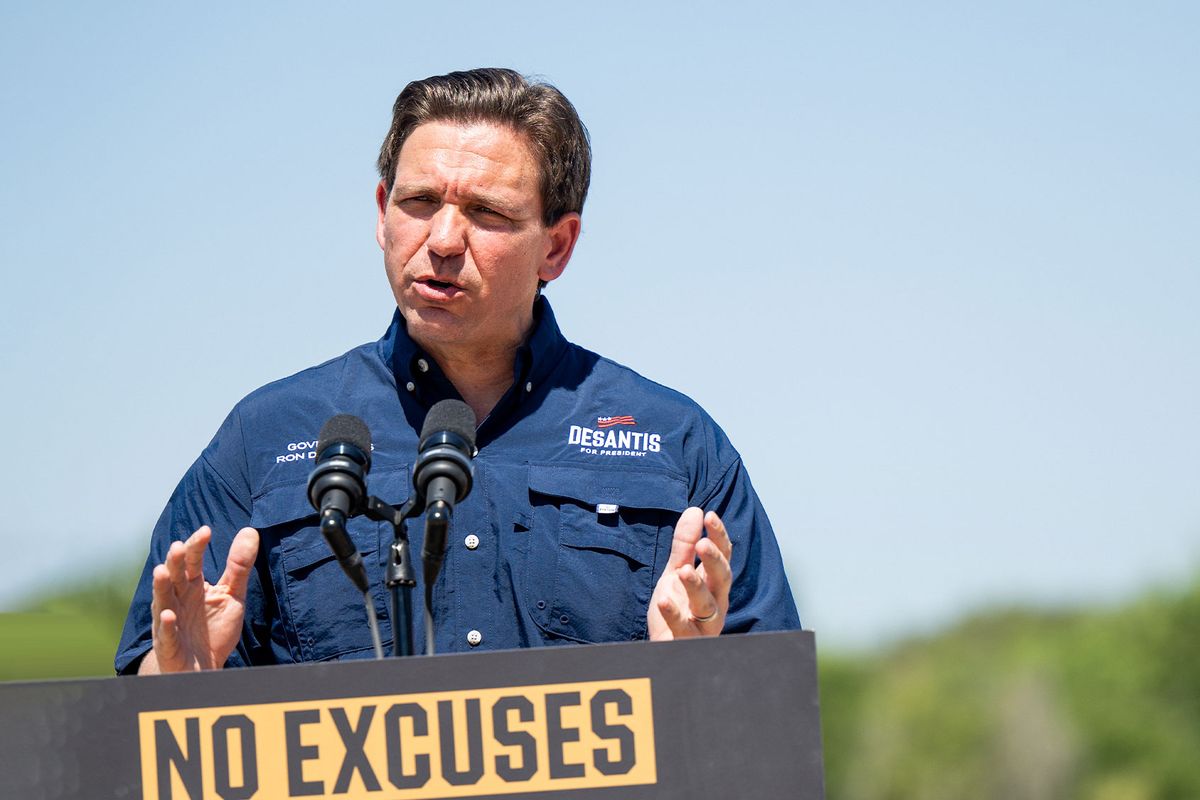 Republican presidential candidate, Florida Gov. Ron DeSantis speaks during a press conference on the banks of the Rio Grande on June 26, 2023 in Eagle Pass, Texas. (Brandon Bell/Getty Images)