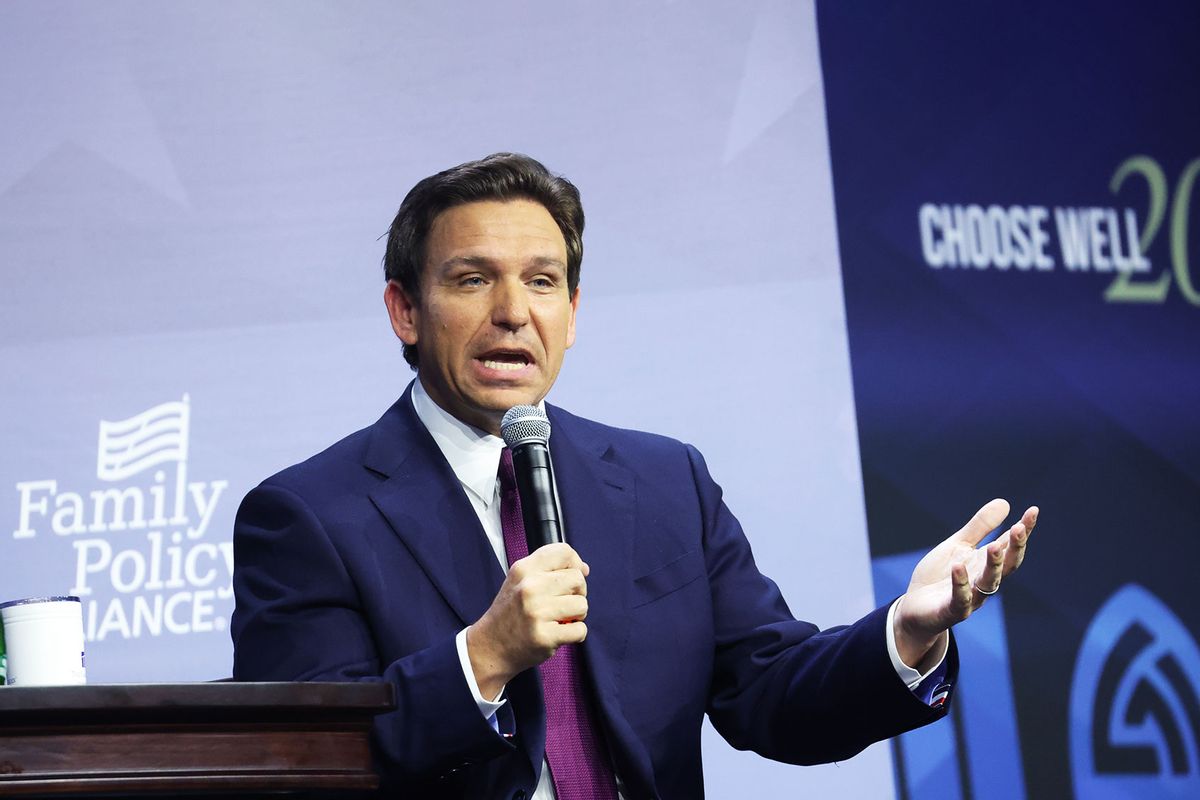 Florida Governor Ron DeSantis speaks to guests at the Family Leadership Summit on July 14, 2023 in Des Moines, Iowa. (Scott Olson/Getty Images)