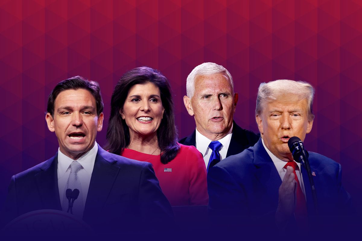 Ron DeSantis, Nikki Haley, Mike Pence and Donald Trump (Photo illustration by Salon/Getty Images)