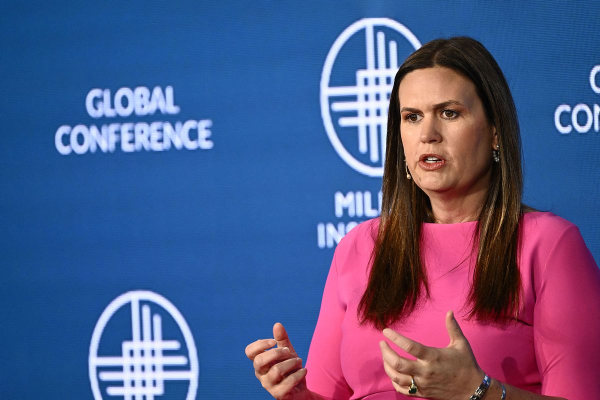 Sarah Huckabee Sanders, Governor of Arkansas, speaks during the Milken Institute Global Conference in Beverly Hills, California, on May 2, 2023. (PATRICK T. FALLON/AFP via Getty Images)