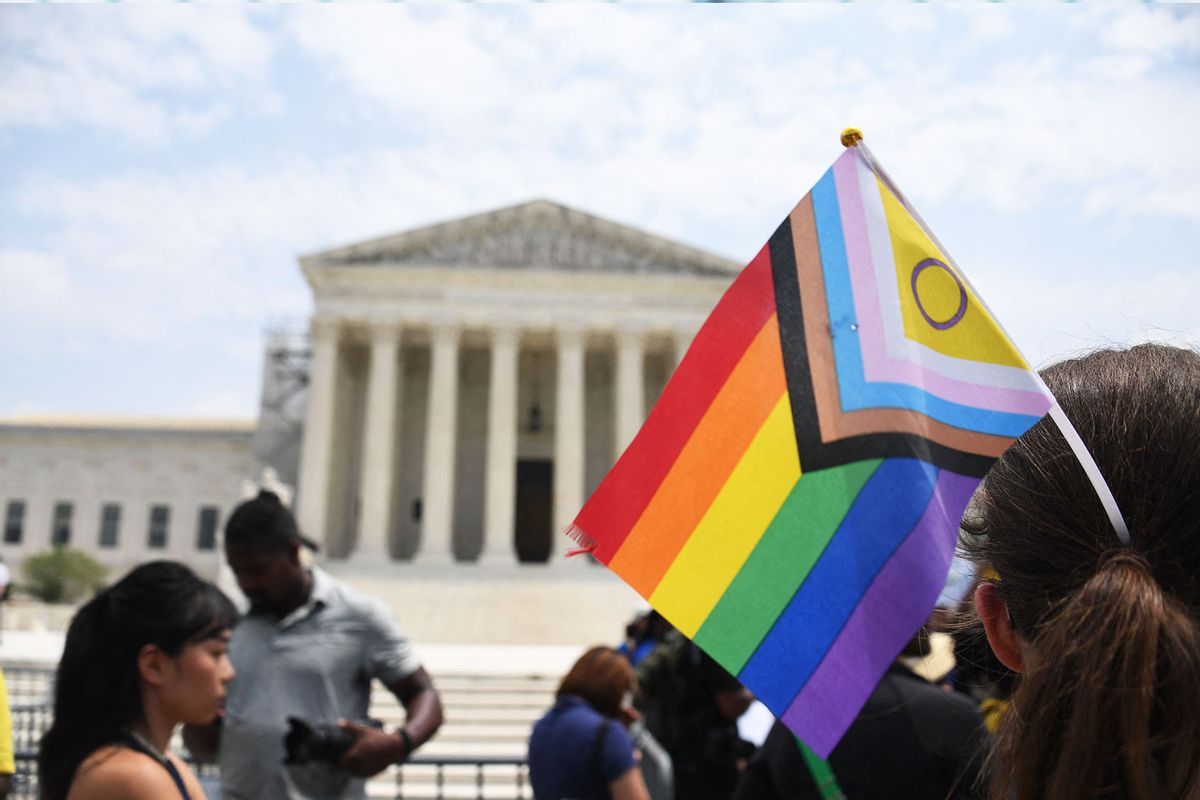 Gender rights activists demonstrate outside the US Supreme Court on June 30, 2023, in Washington, DC. The court ruled on June 30 that some private businesses can refuse service to same-sex couples for religious reasons, in a landmark erosion of anti-discrimination laws. (OLIVIER DOULIERY/AFP via Getty Images)