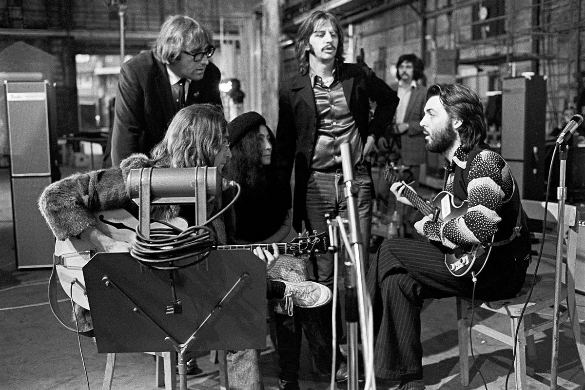John Lennon, Mal Evans, Yoko Ono, Ringo Starr, and Paul McCartney at Twickenham Film Studios on January 13, 1969. (Apple Corps Ltd.)