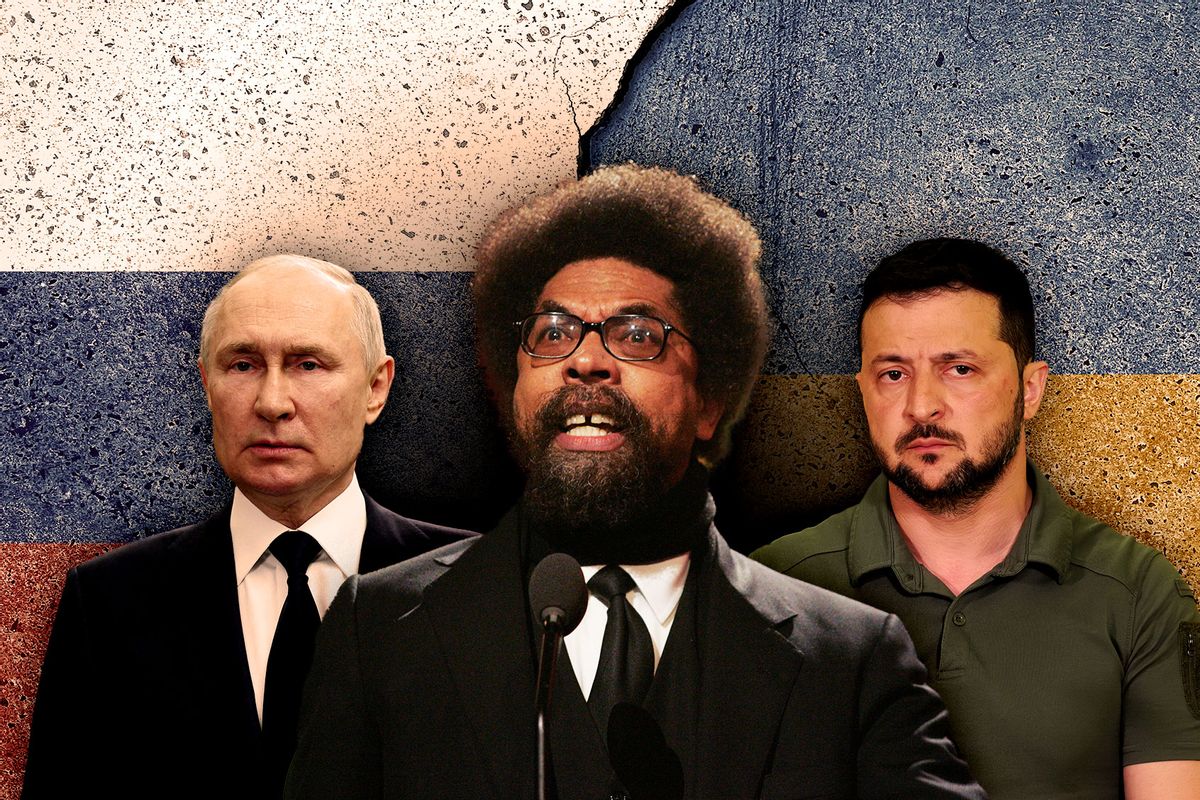 Vladimir Putin, Cornel West and Volodymyr Zelenskyi (Photo illustration by Salon/Getty Images)