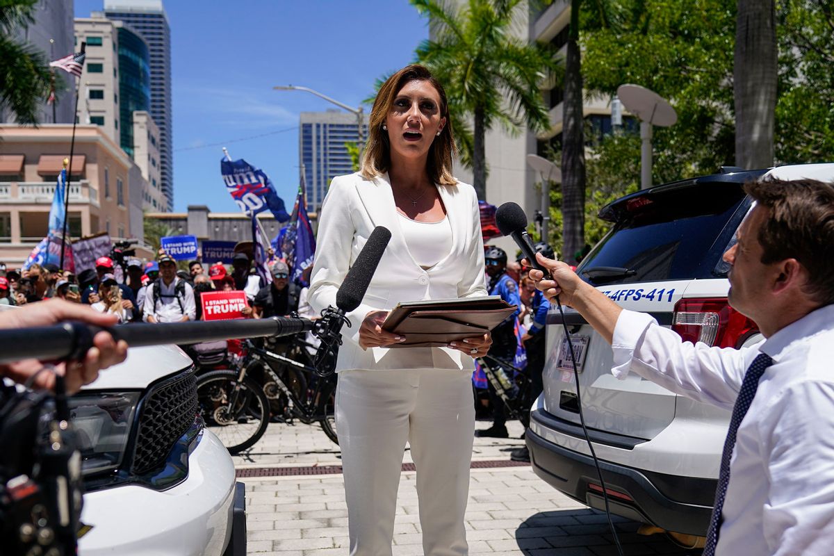 Trump legal spokesperson Alina Habba speaks to media as former President Donald Trump arrives for a first court appearance at Wilkie D. Ferguson Jr. U.S. Courthouse on Tuesday, June 13, 2023, in Miami, FL. (Jabin Botsford/The Washington Post via Getty Images)