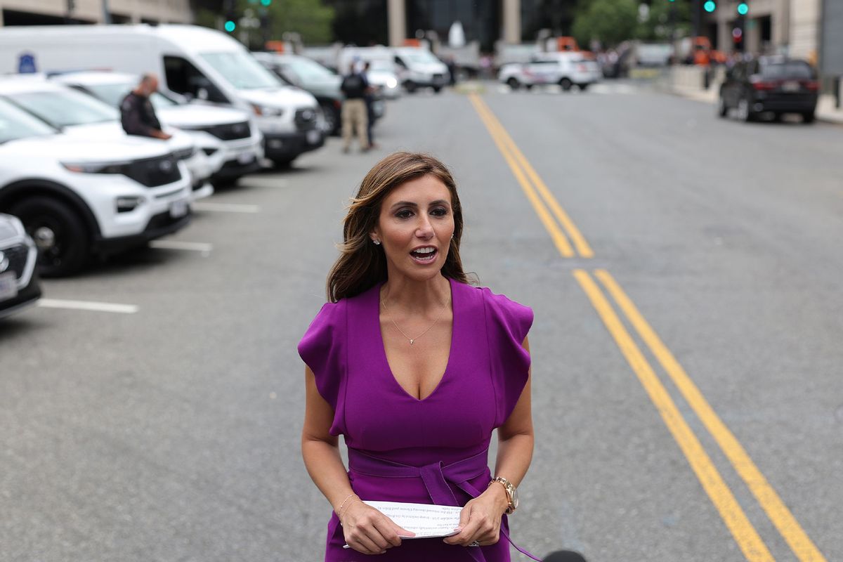 Alina Habba, a lawyer for former President Donald Trump, speaks after Trump arrived outside the E. Barrett Prettyman U.S. Court House on August 3, 2023 in Washington, DC. (Tom Brenner for The Washington Post via Getty Images)