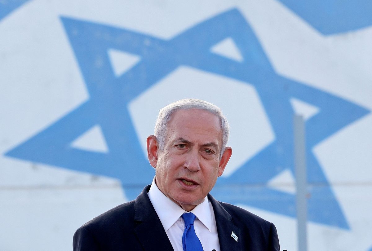 Israel's Prime Minister Benjamin Netanyahu delivers a speech at the Palmachim Airbase near the city of Rishon LeZion on July 5, 2023. (JACK GUEZ/AFP via Getty Images)