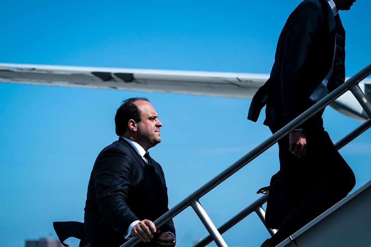 Boris Epshteyn follows former President Donald Trump as they board his airplane, known as "Trump Force One," to fly back to NJ minutes after Trump pleaded not guilty to federal charges, on Tuesday, June 13, 2023, in Miami, FL. (Jabin Botsford/The Washington Post via Getty Images)