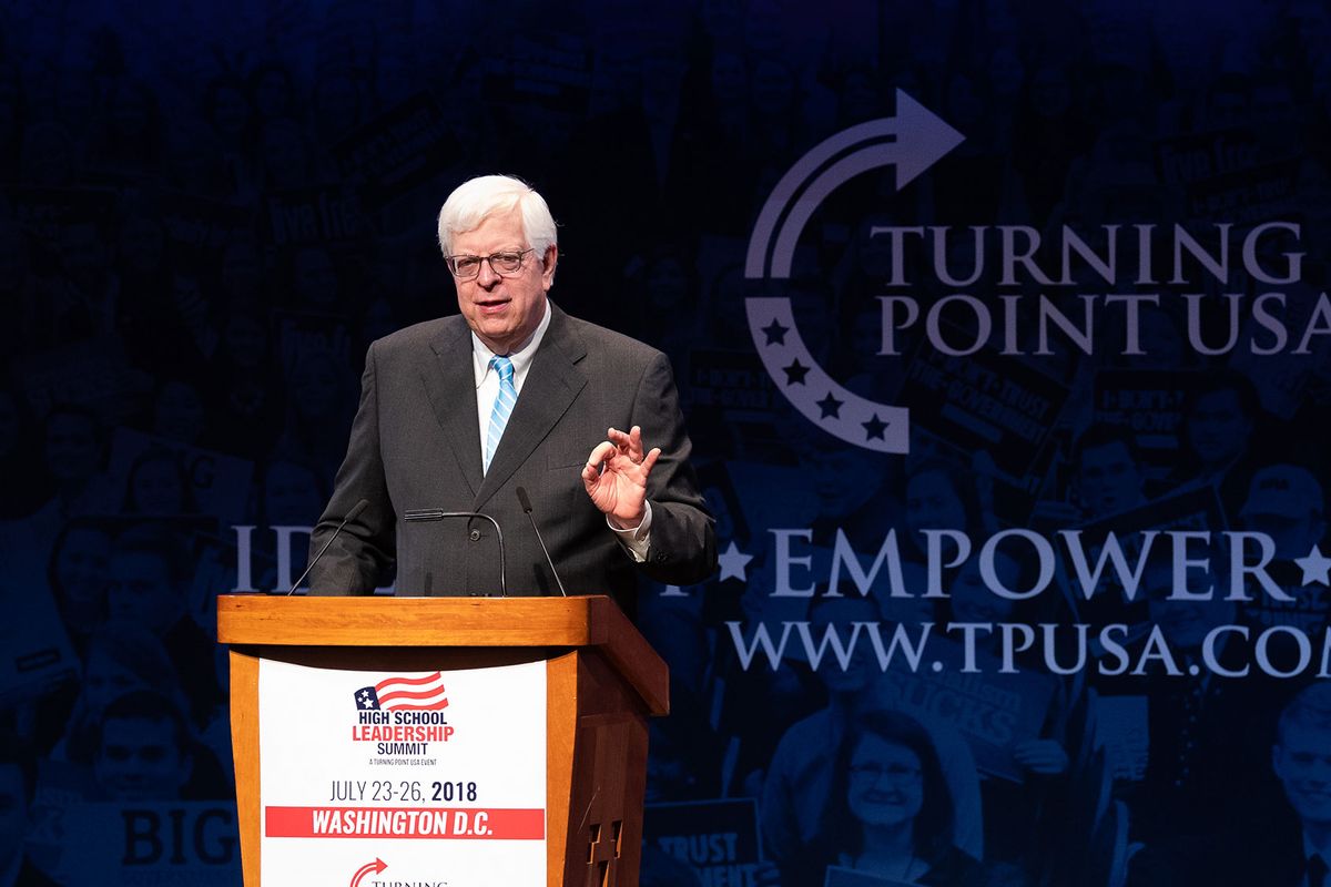 Prager U founder Dennis Prager, nationally syndicated conservative radio talk show host and writer, speaking at the Turning Point High School Leadership Summit in Washington, DC. (Michael Brochstein/SOPA Images/LightRocket via Getty Images)