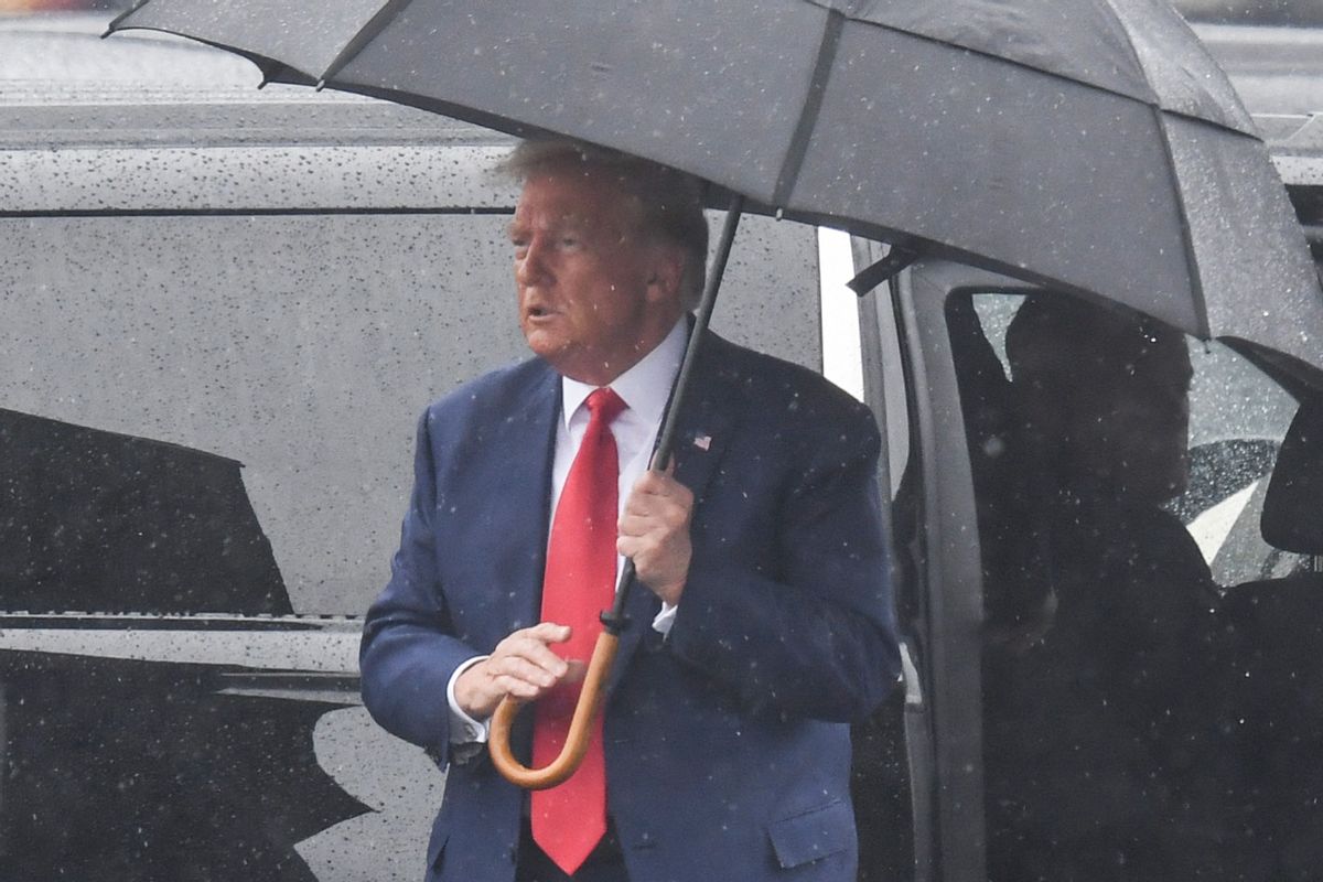 Former U.S. President and 2024 hopeful Donald Trump arrives to Ronald Reagan Washington National Airport in Arlington, Virginia, on August 3, 2023, after his arraignment in court.  (OLIVIER DOULIERY/AFP via Getty Images)