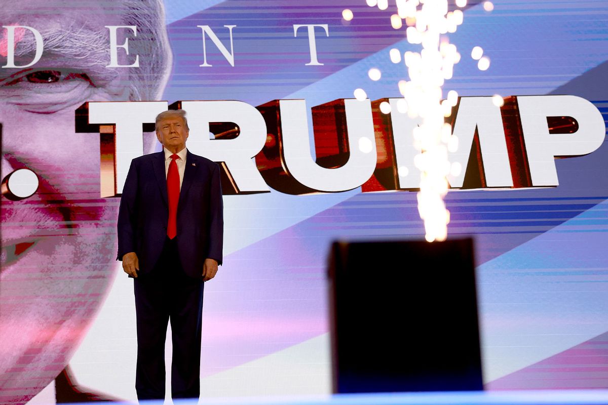 Former US President Donald Trump speaks at the Turning Point Action conference as he continues his 2024 presidential campaign on July 15, 2023 in West Palm Beach, Florida. (Joe Raedle/Getty Images)