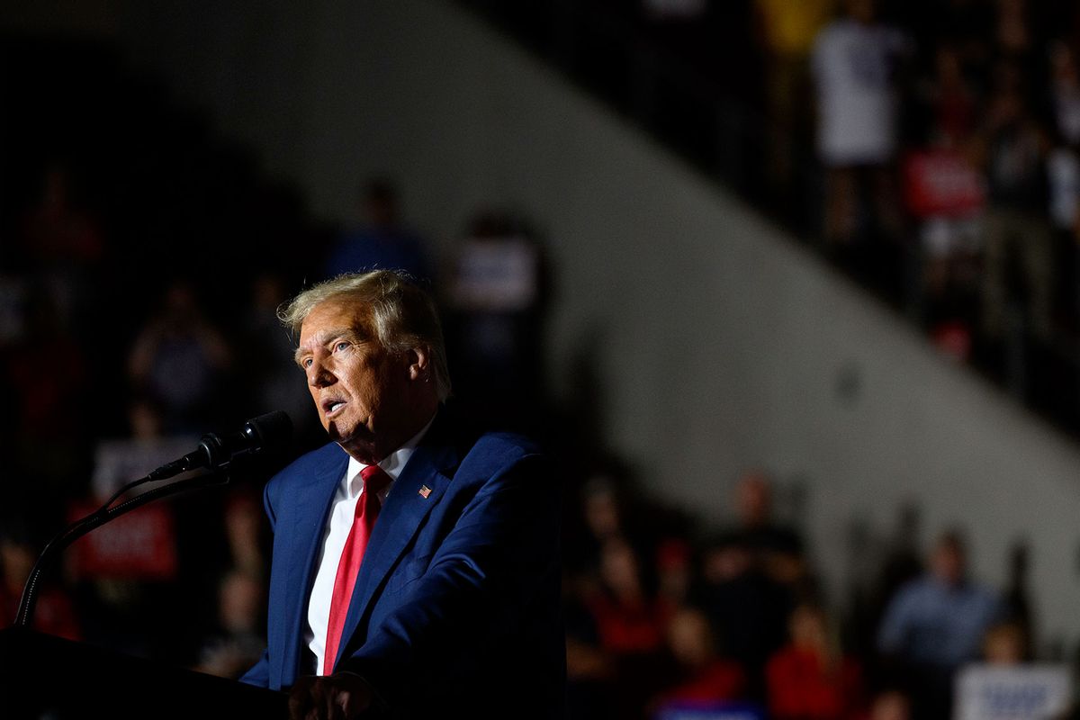 Former U.S. President Donald Trump speaks to supporters during a political rally while campaigning for the GOP nomination in the 2024 election at Erie Insurance Arena on July 29, 2023 in Erie, Pennsylvania. (Jeff Swensen/Getty Images)