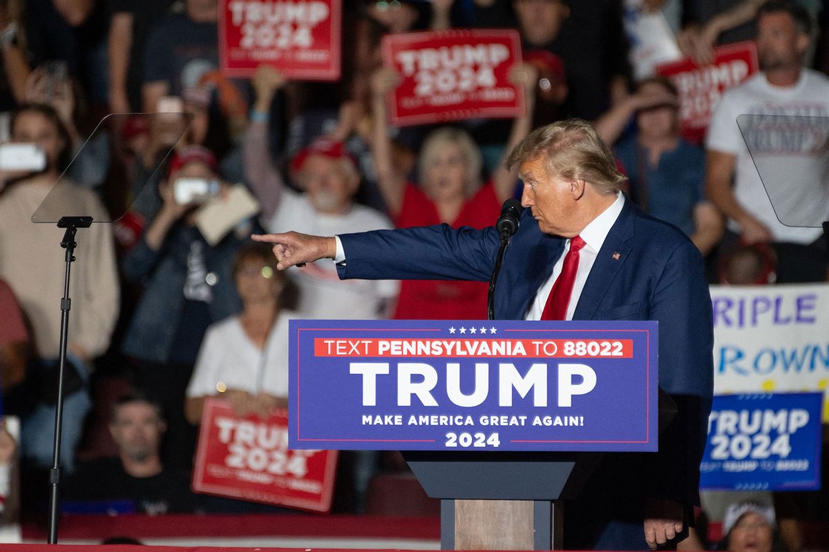 Former US President and 2024 presidential hopeful Donald Trump points as he speaks at a campaign rally in Erie, Pennsylvania, on July 29, 2023. (JOED VIERA/AFP via Getty Images)