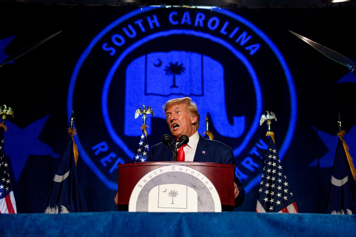 Former President Donald Trump speaks as the keynote speaker at the 56th Annual Silver Elephant Dinner hosted by the South Carolina Republican Party on August 5, 2023 in Columbia, South Carolina. (Melissa Sue Gerrits/Getty Images)