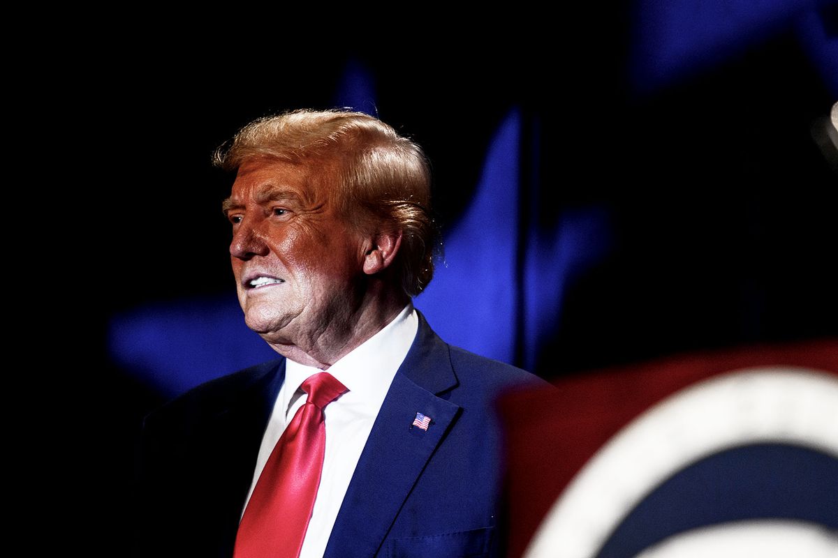 Former President Donald Trump pauses for cheers from the crowd before speaking as the keynote speaker at the 56th Annual Silver Elephant Dinner hosted by the South Carolina Republican Party on August 5, 2023 in Columbia, South Carolina. (Melissa Sue Gerrits/Getty Images)