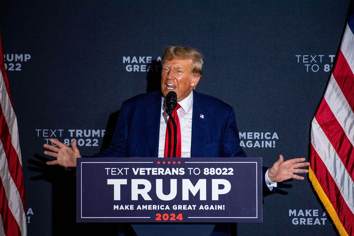 Former US President and 2024 presidential hopeful Donald Trump speaks during a campaign rally at Windham High School in Windham, New Hampshire, on August 8, 2023. (JOSEPH PREZIOSO/AFP via Getty Images)