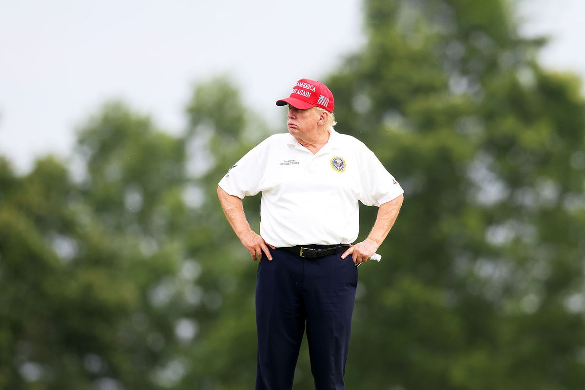 Former President Donald Trump looks on during the pro-am prior to the LIV Golf Invitational - Bedminster at Trump National Golf Club on August 10, 2023 in Bedminster, New Jersey. (Mike Stobe/Getty Images)