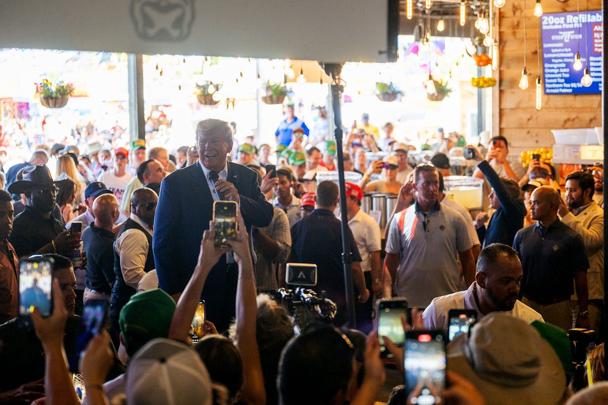 Former U.S. President Donald Trump speaks during a rally at the Steer 27 Steinbar at the Iowa State Fair on August 12, 2023 in Des Moines, Iowa. (Brandon Bell/Getty Images)