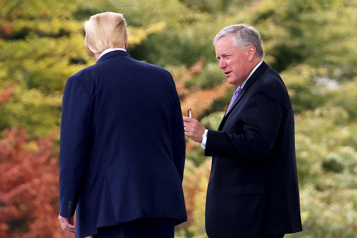 U.S. President Donald Trump confering with White House Chief of Staff Mark Meadows while departing the White House September 1, 2020 in Washington, DC. (Win McNamee/Getty Images)