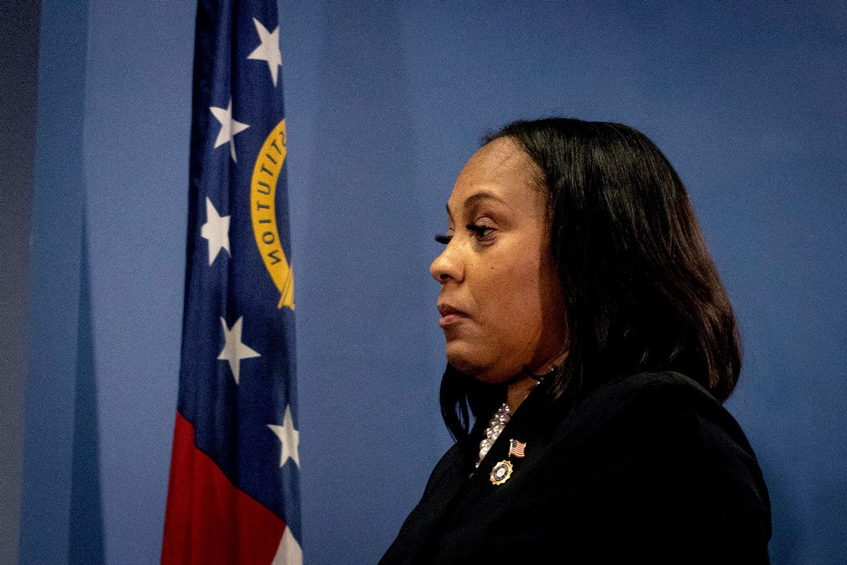 District Attorney Fani Willis holds a press conference in the Fulton County Government Center after a grand jury voted to indict former US President Donald Trump and 18 others on August 14, 2023, in Atlanta, Georgia. (CHRISTIAN MONTERROSA/AFP via Getty Images)