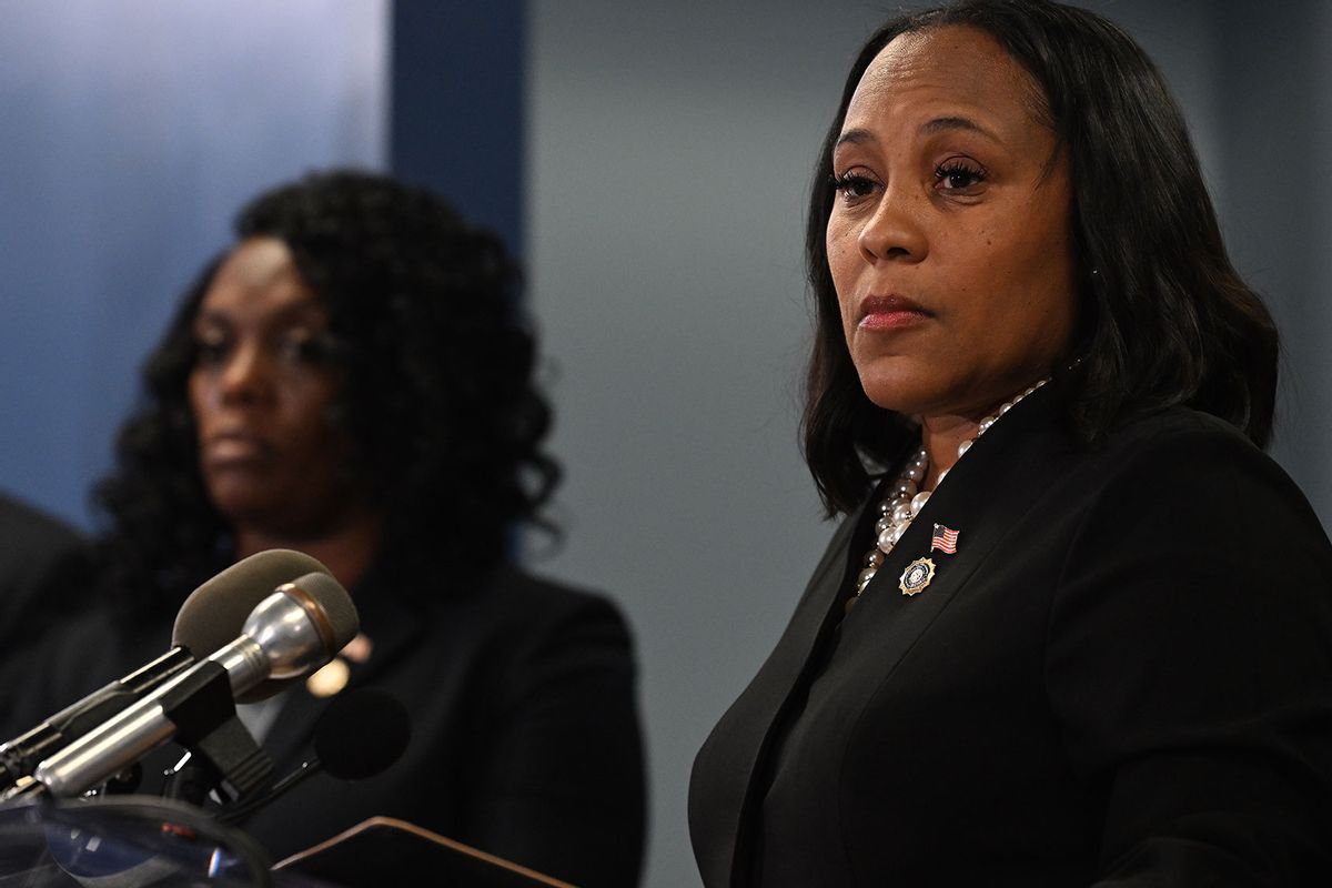 Fulton County District Attorney Fani Willis speaks during a news conference at the Fulton County Government building on Wednesday, August 14, 2023 in Atlanta, Georgia. (Joshua Lott/The Washington Post via Getty Images)