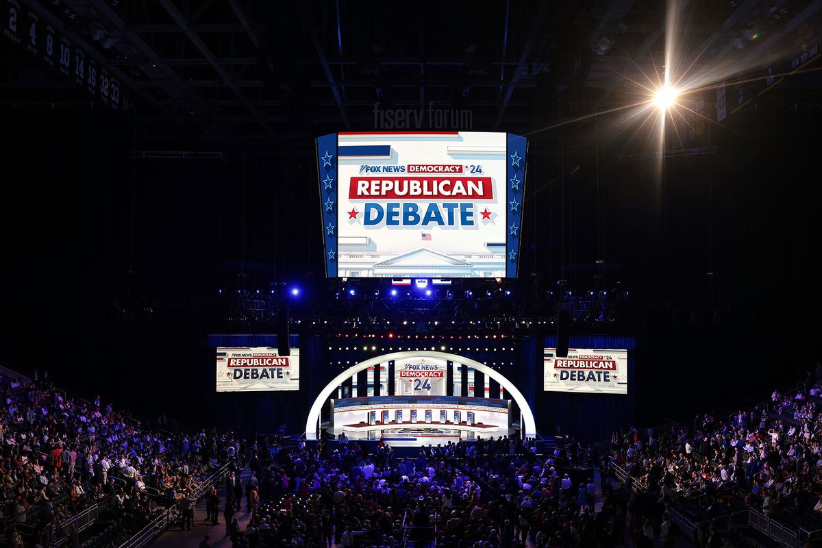 The stage is set for the first debate of the GOP primary season hosted by FOX News at the Fiserv Forum on August 23, 2023 in Milwaukee, Wisconsin. (Win McNamee/Getty Images)