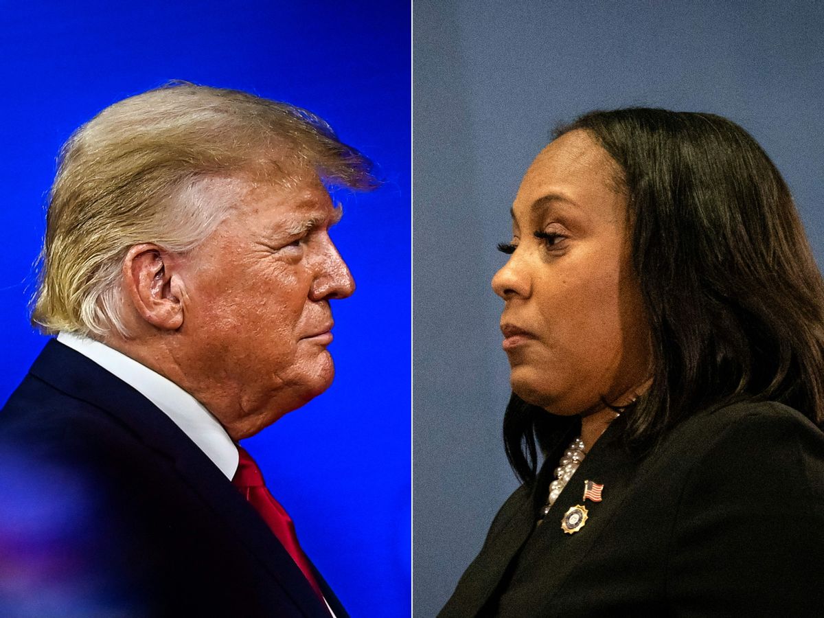 This combination of pictures created on Aug. 14, 2023 shows former President Donald Trump in Orlando on Feb. 26, 2022, and Fulton County District Attorney Fani Willis on Aug. 14, 2023, in Atlanta.  (Chandan Khanna, Christian Monterrosa/AFP via Getty Images)