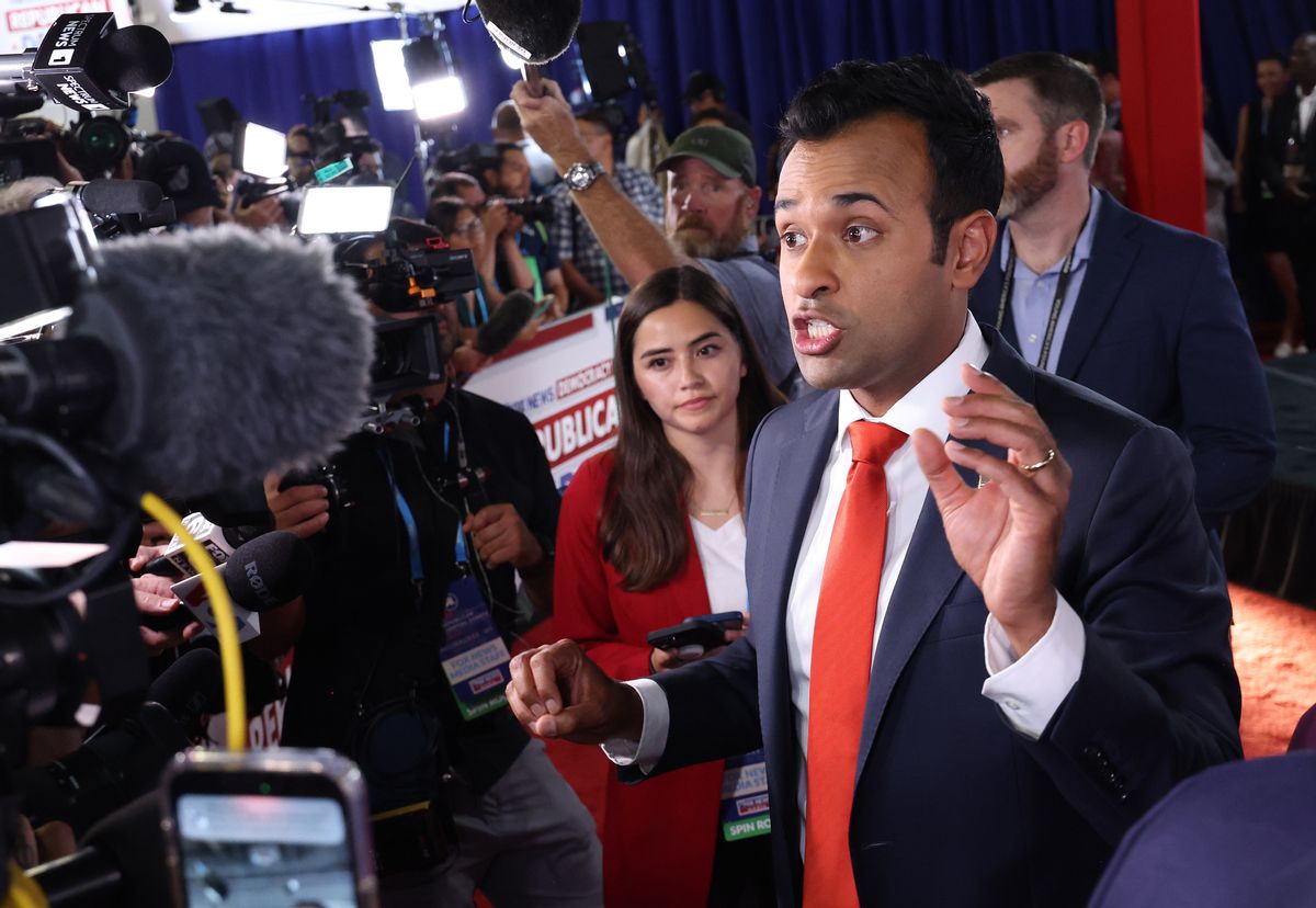 Vivek Ramaswamy talks to members of the media in the spin room following the first debate of the GOP primary season on Aug. 23, 2023, in Milwaukee. (Scott Olson/Getty Images)