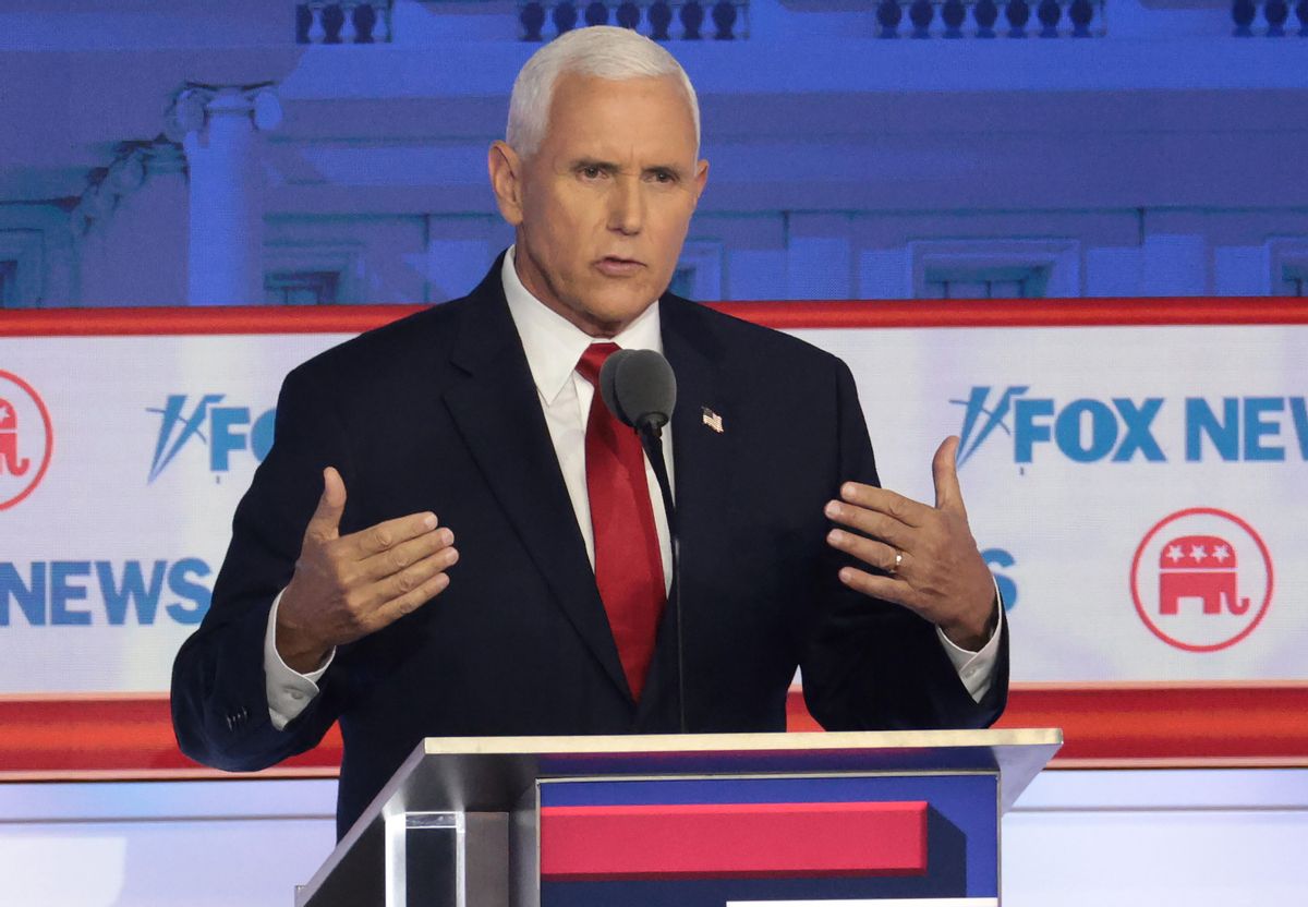Former Vice President Mike Pence in the first debate of the GOP primary season at the Fiserv Forum in Milwaukee, Aug. 23, 2023. (Win McNamee/Getty Images)