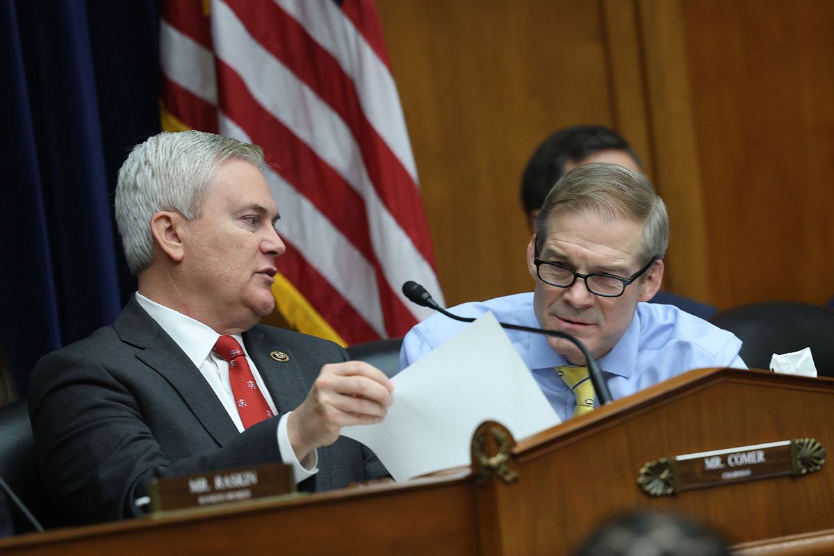 U.S. Rep. James Comer (R-KY), Chairman of the House Oversight and Reform Committee and Rep. Jim Jordan (R-OH) participate in a meeting of the House Oversight and Reform Committee in the Rayburn House Office Building on January 31, 2023 in Washington, DC. (Kevin Dietsch/Getty Images)