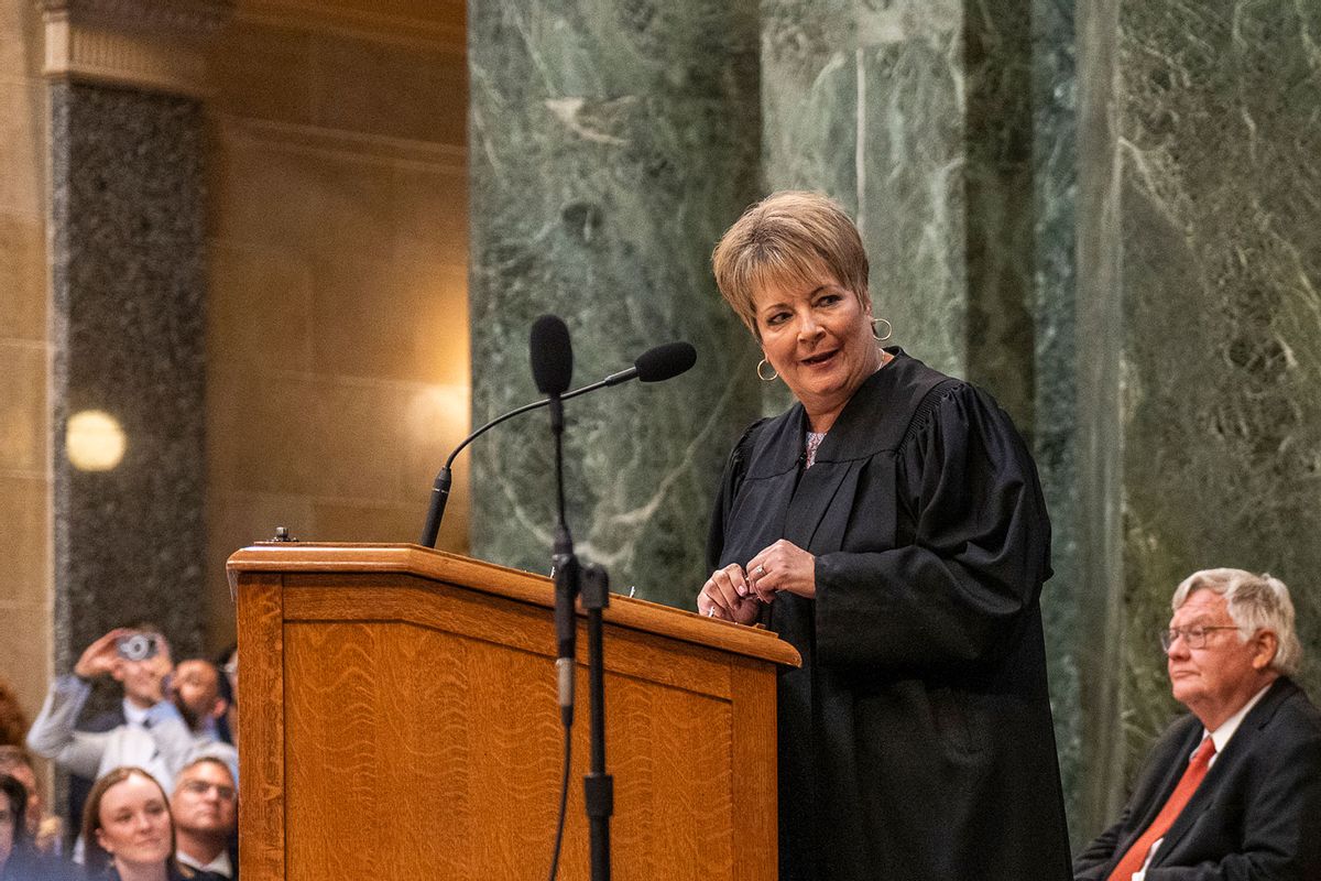 Janet Protasiewicz giving remarks at her swearing in ceremony at the Wisconsin Capitol rotunda in Madison, Wis. on August 1, 2023. (Sara Stathas for The Washington Post via Getty Images)