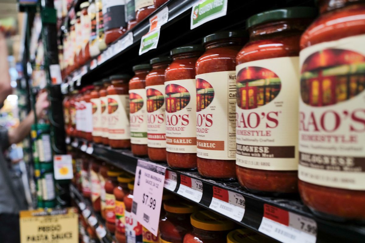 Jars of Rao's sauces are displayed along a grocery store's shelves on August 07, 2023 in New York City. (Spencer Platt/Getty Images)