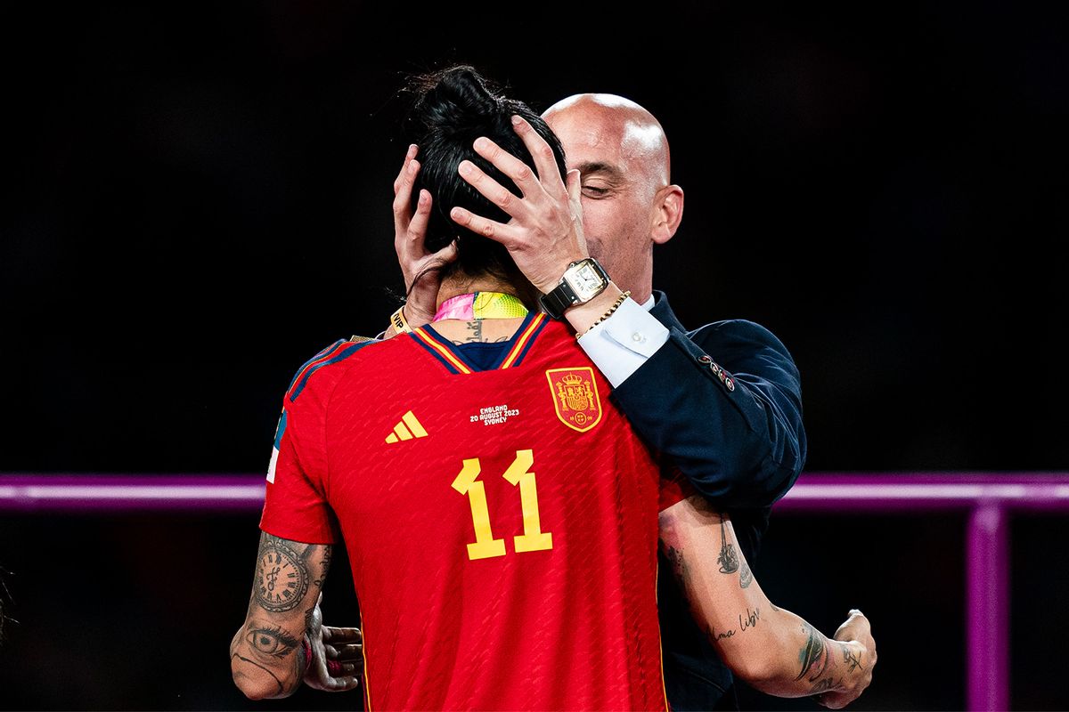 President of the Royal Spanish Football Federation Luis Rubiales kisses Jennifer Hermoso of Spain during the medal ceremony of FIFA Women's World Cup Australia & New Zealand on August 20, 2023 in Sydney, Australia. (Noemi Llamas/Eurasia Sport Images/Getty Images)